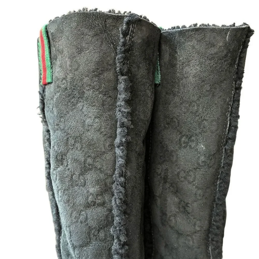 Gucci GG Monogram Web Black Suede Knee High Boots Size 7 Wedge Heel 14